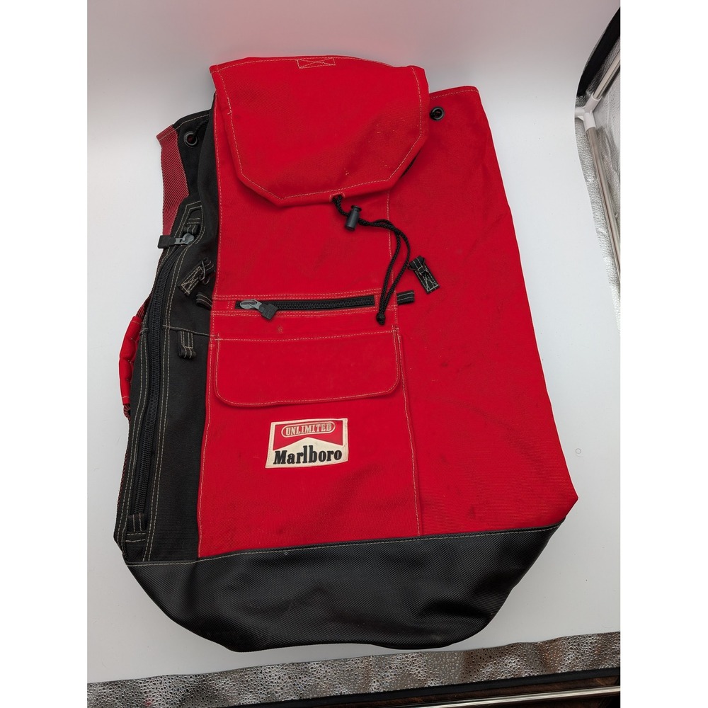 Vintage Marlboro Unlimited Red Black Canvas Sling Backpack Gear Bag Drawstring